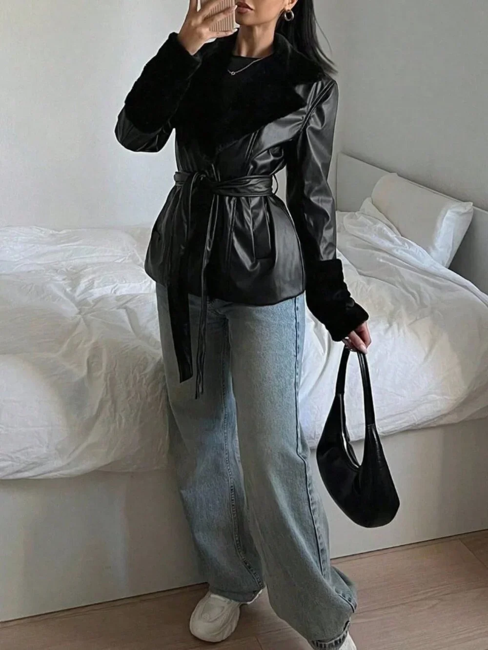 Black contemporary Women's Long Sleeve belted faux leather fur trim Jacket - Picture 5 of 7